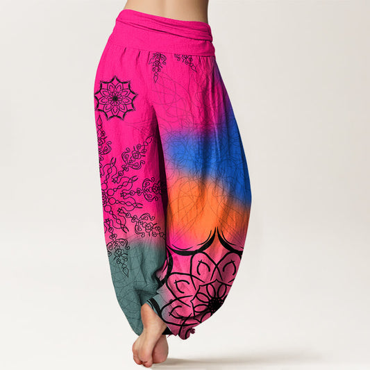 Cotton Brightly Colored Mandala Pattern Women's Elastic Waist Harem Pants