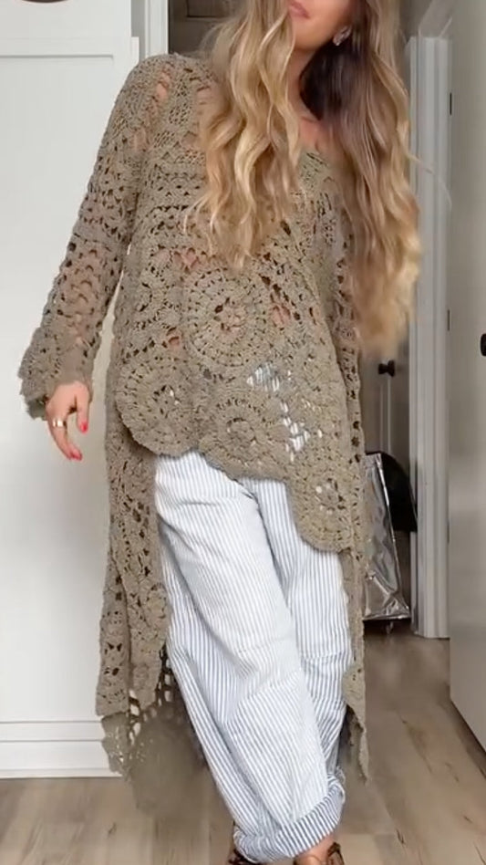 Women Round Neck Hollow Out Casual Long Top