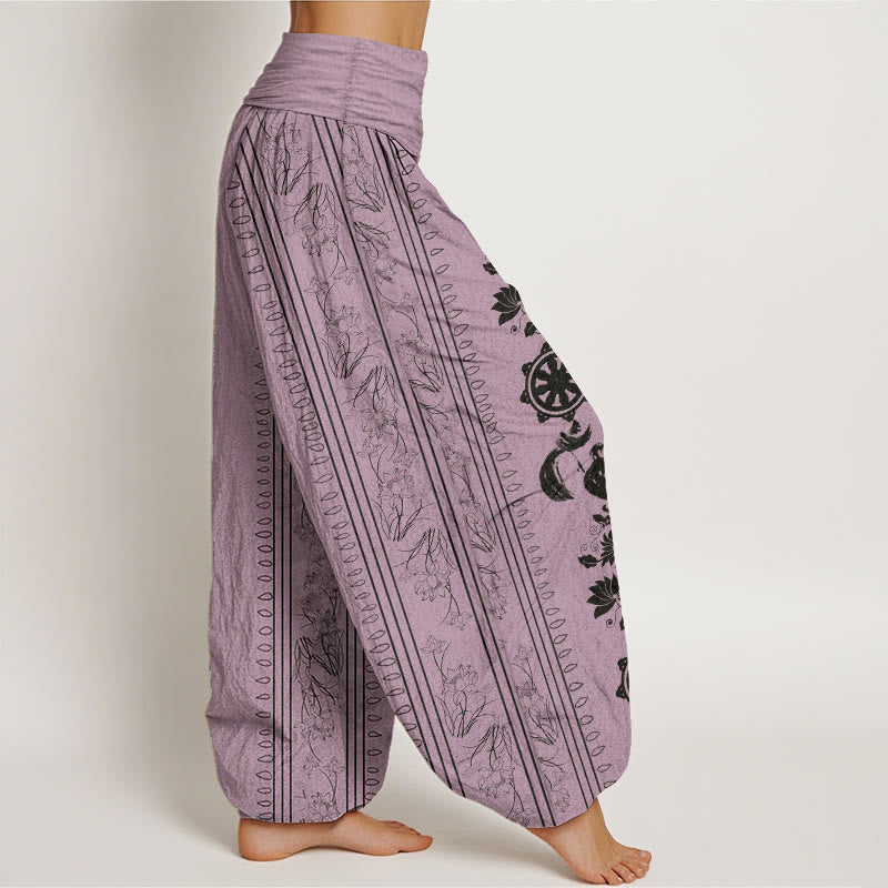 Pure Cotton Dharma Wheel Lotus OM Pattern Women's Elastic Waist Harem Pants