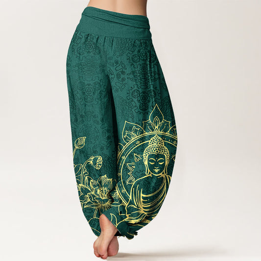 Pure Cotton Classical Lotus Flower Seedpod Leaf Buddha Pattern Women's Elastic Waist Harem Pants