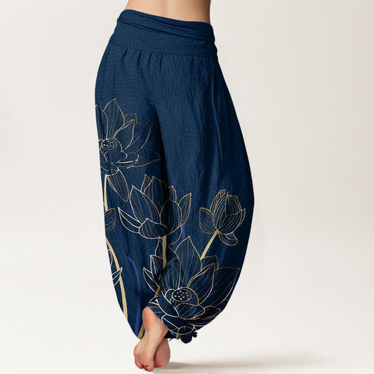 Pure Cotton Minimalist Style Lotus Flower Pod Pattern Women's Elastic Waist Harem Pants