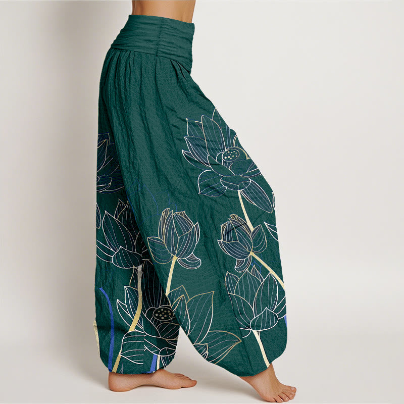 Pure Cotton Minimalist Style Lotus Flower Pod Pattern Women's Elastic Waist Harem Pants
