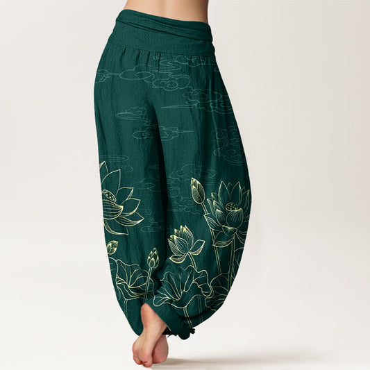 Pure Cotton Concise Lotus Flower Leaf Pod Bud Cloud Pattern Women's Elastic Waist Harem Pants