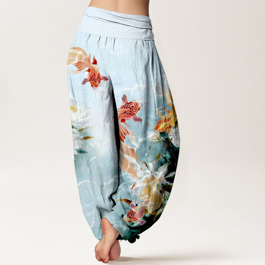 Pure Cotton Light-Colored Koi Fish Lotus Flower Pattern Women's Elastic Waist Harem Pants