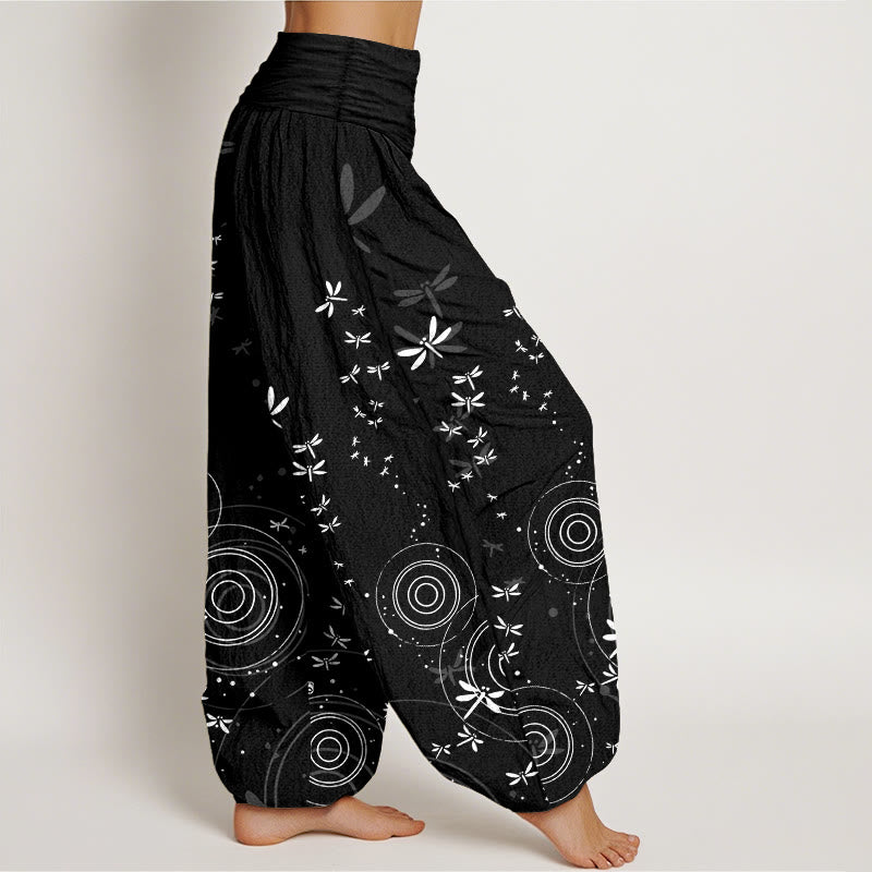 Pure Cotton Circular Lines Dragonfly Women's Elastic Waist Harem Pants