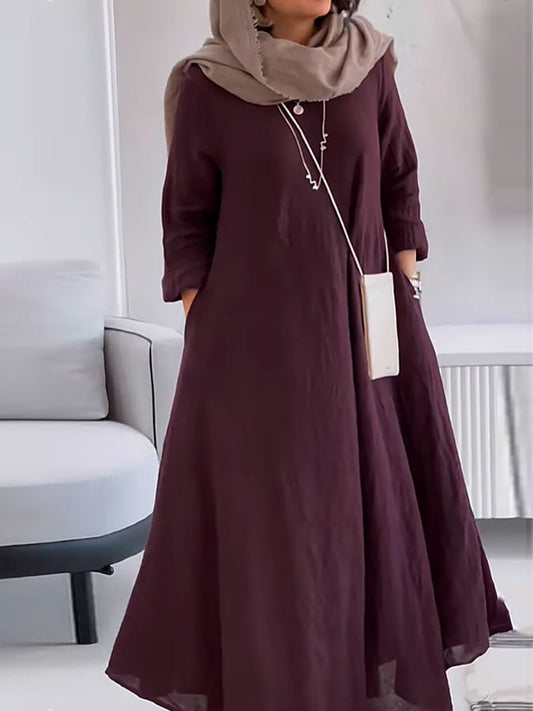 Women's Casual Solid Color V-Neck Long Sleeve Cotton and Linen Dress