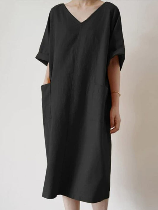 Women's Casual Retro V-Neck Large Pocket Cotton and Linen Dress