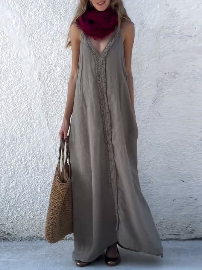 Women'S Casual Cotton And Linen Suspender Maxi Dress
