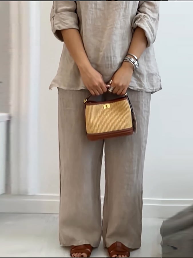 Women's Casual Solid Color Round Neck Three-quarter Sleeve Top and Pants Two-piece Set