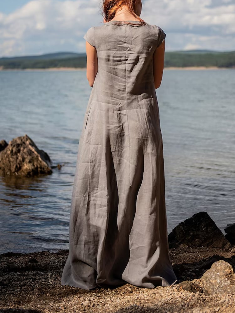 Women's Casual Solid Linen A-Line Maxi Dress