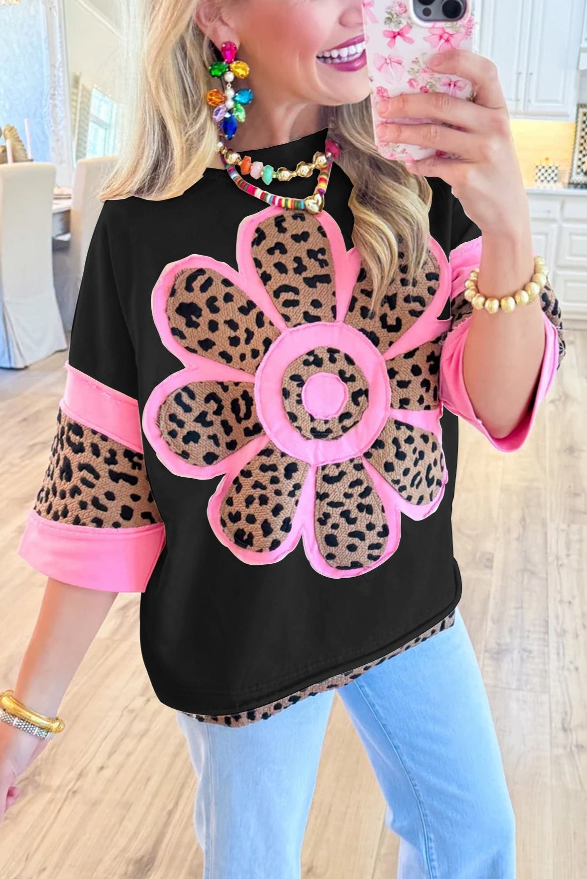 Ivory and Pink Leopard Flower Top