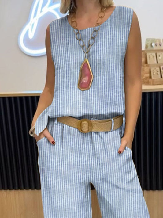Women's Casual Striped Printed Round Neck Vest Trousers Cotton and Linen Two-piece Set