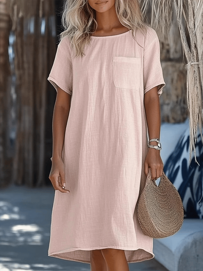 Women'S Loose Round Neck Pocket Cotton And Linen Dress