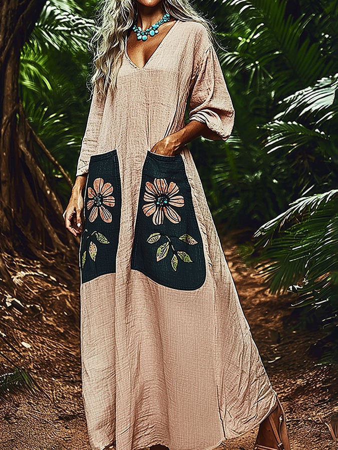 Women's Floral Casual V Neck Dress
