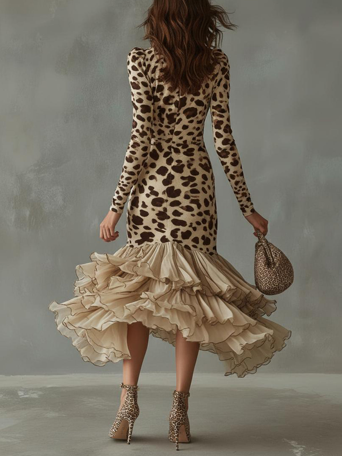 Leopard Print Ruffled High Low Midi Dress