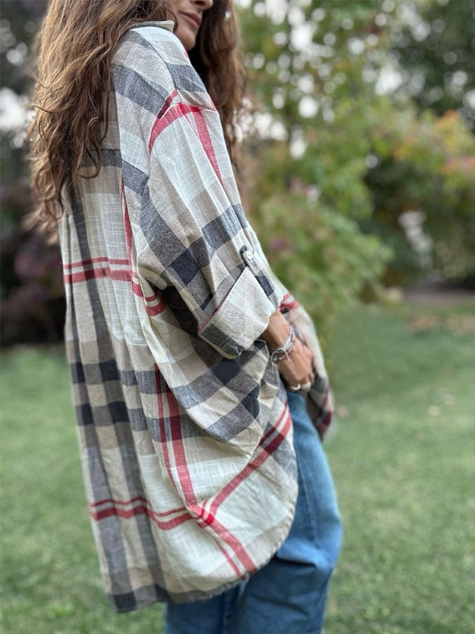 Women's Casual Loose Plaid Long Sleeve Shirt