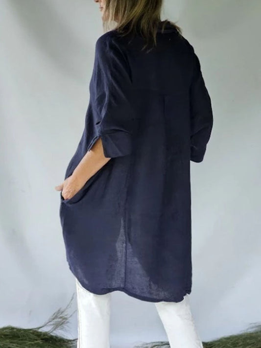Women's Casual Solid Color Lapel Long Sleeve Button Cotton and Linen Shirt