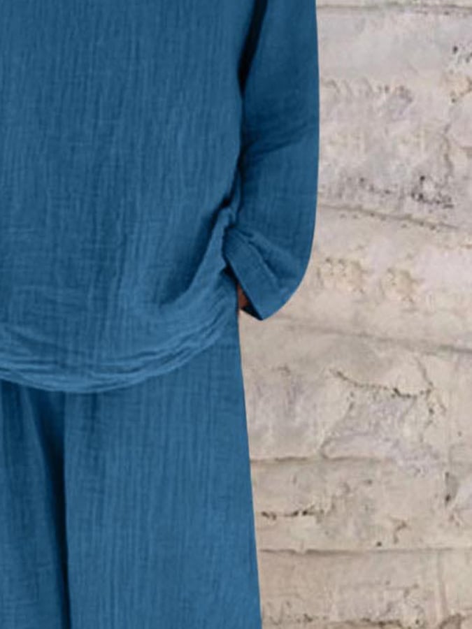 Women's Casual V-neck Pullover Long Sleeve + Pocket Trousers Cotton and Linen Suit