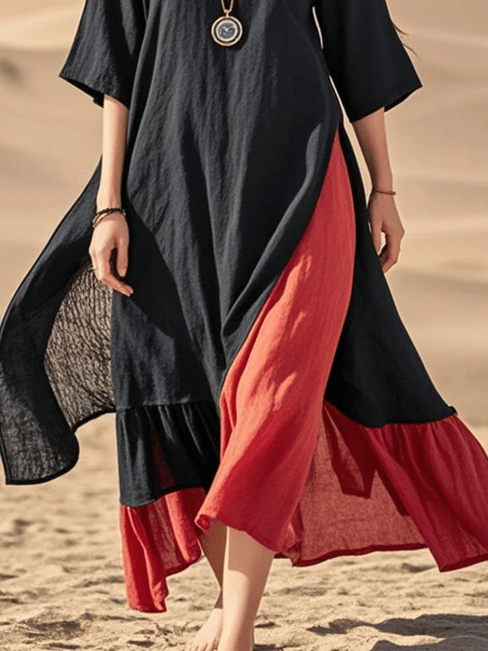 Women's V-Neck Contrast Asymmetric Cotton Dress