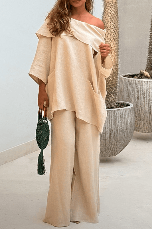 Women's Casual Solid Color Long Sleeve Tops and Pants Cotton Two-piece Set