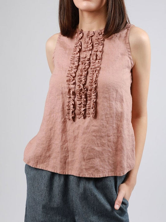 Women'S Casual Solid Color Cotton And Linen Ruffle Design Top