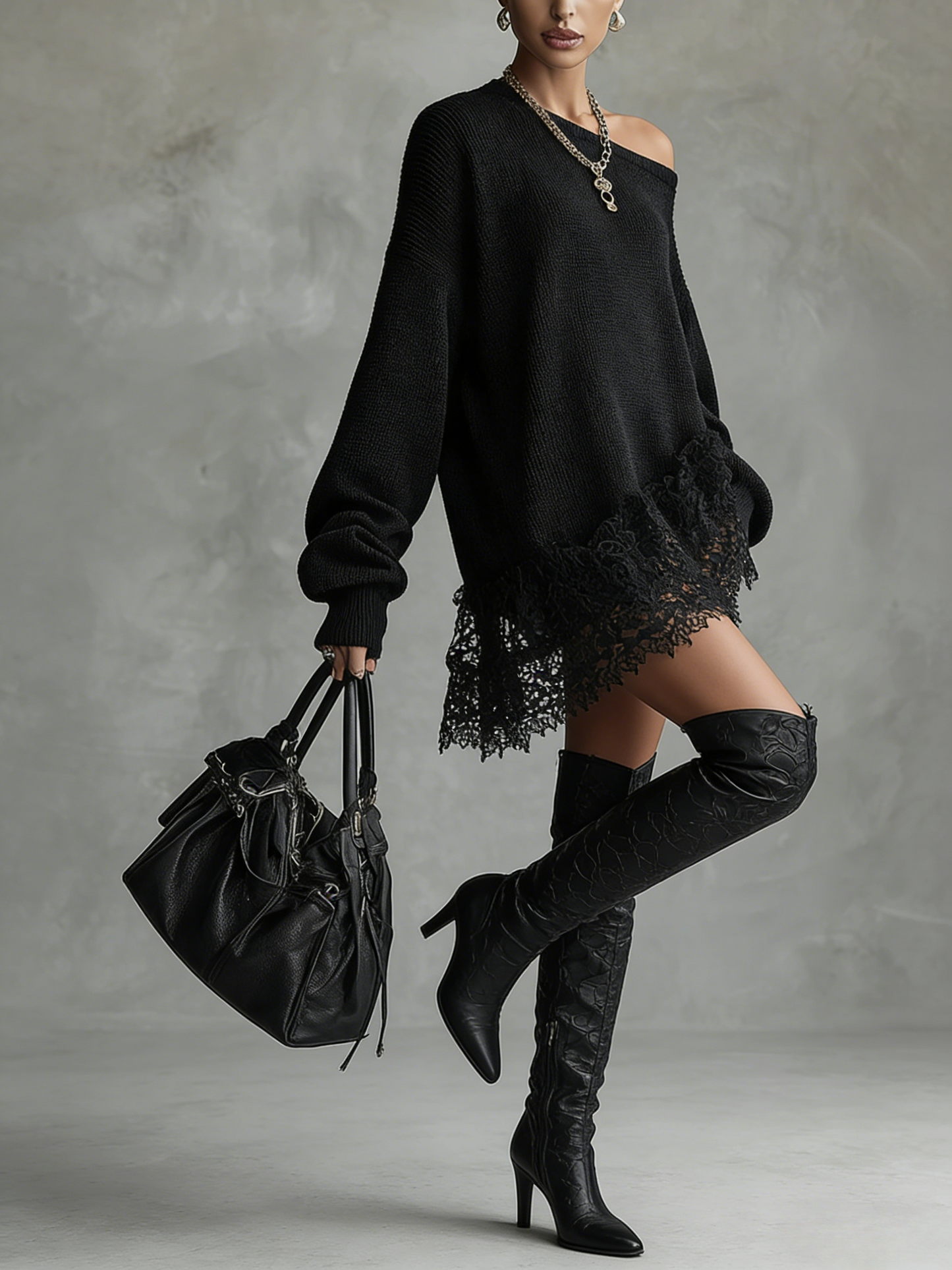 Black Oversized With Lace Hem Mini Dress