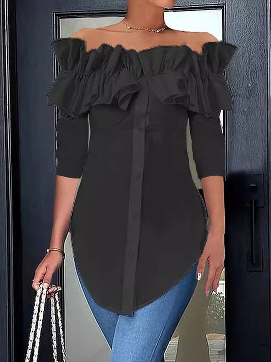 Women's Casual Solid Color Long Sleeve One Shoulder Ruffled Shirt