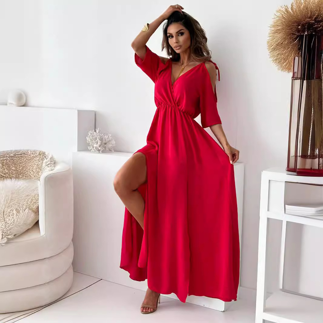 Women'S V-Neck Dress With Slits And Off-The-Shoulder Sleeves Sexy Suspenders