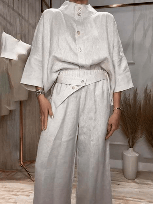 Women'S Casual Single-Breasted Shirt + Characteristic Elastic Waist Wide-Leg Pants Suit
