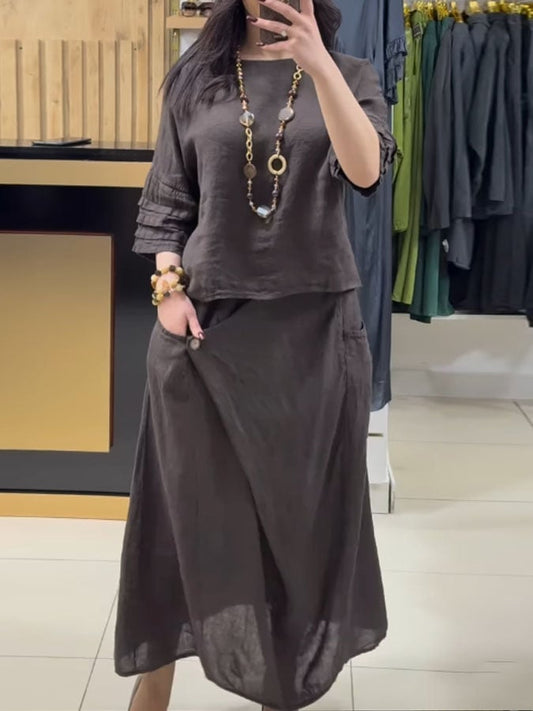 Women'S Casual Solid Color Round Neck Three-Quarter Sleeve Cotton And Linen Dress Set