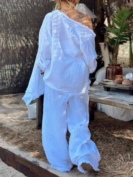 Women's solid color casual cotton and linen three-piece set