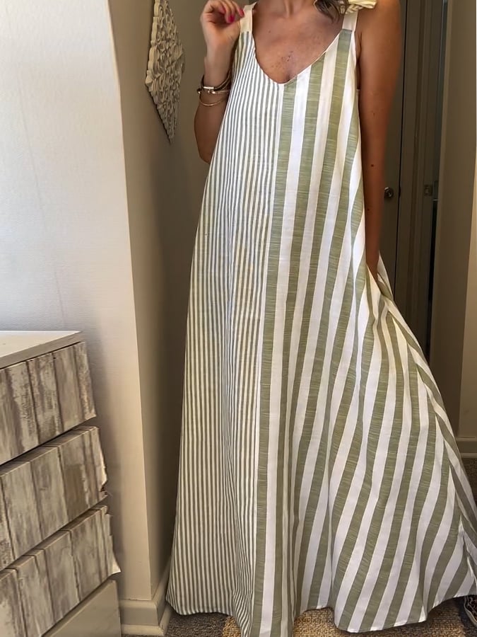 Women'S Casual Striped Patchwork Suspender Cotton And Linen Dress