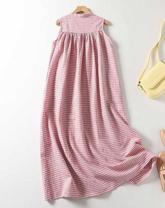 Women's Casual Round Neck Sleeveless Plaid Print Dress
