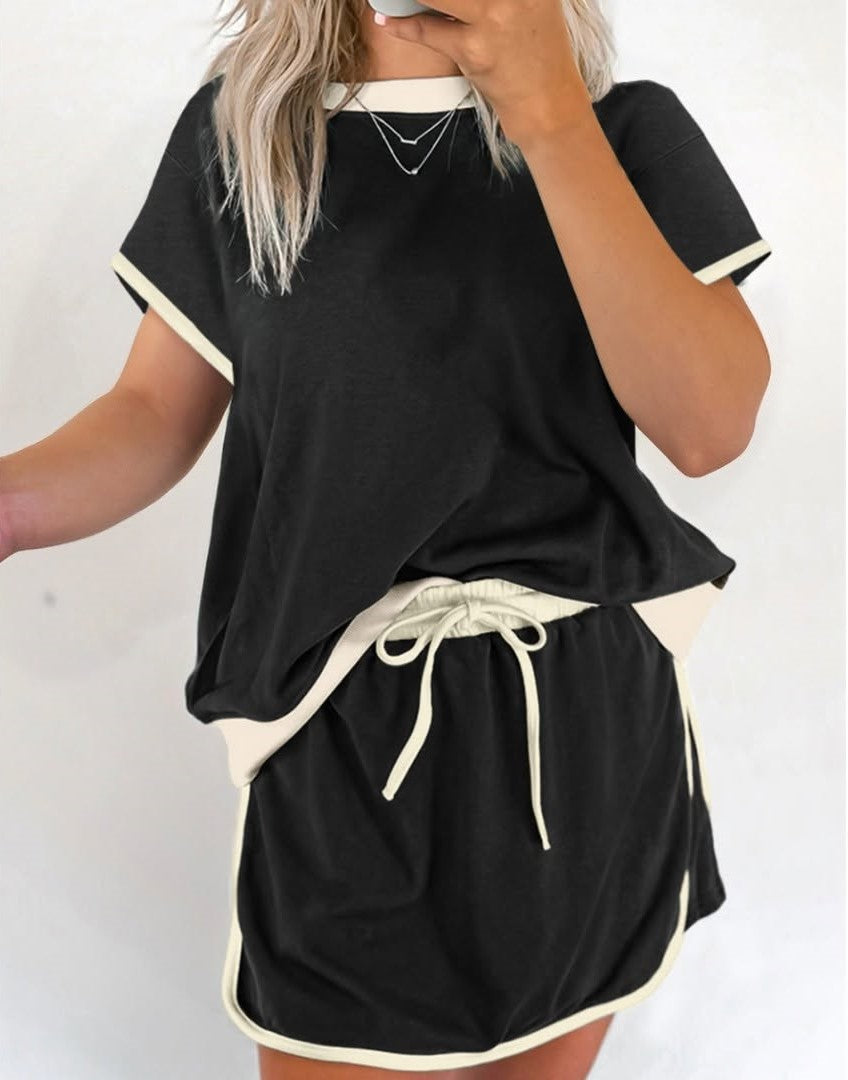 Women's Colorblock Edge Drop Shoulder T-Shirt Skort 2Pcs Set (Buy 3 Free Shipping)