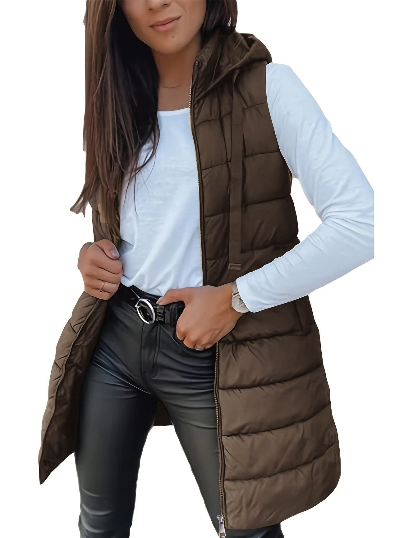 ❄️Women Long Puffer Vest 👗 | Solid Color | Sleeveless | Hooded | Winter Wear 💕(BUY 2 FREE SHIPPING))