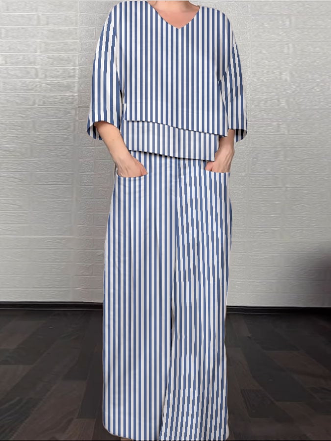 Women'S Casual Striped Irregular Cotton And Linen Suit