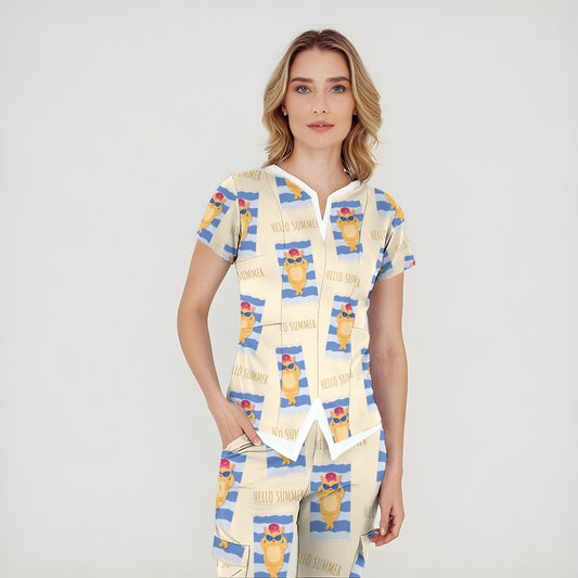Women's Puff Sleeves Cute Animals Printed Scrub Set SAA23