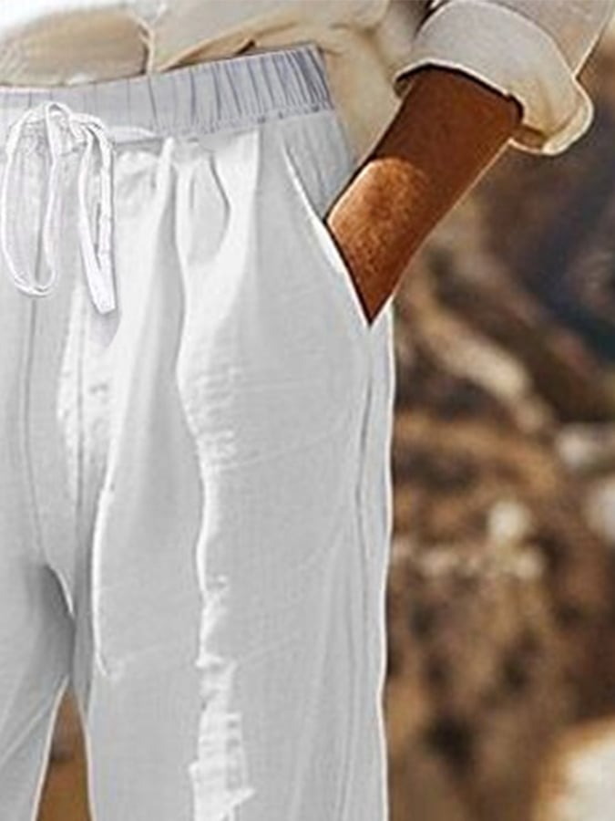 Women's Casual Regular Drawstring Pocket Cotton and Linen Pants