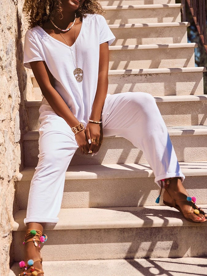 Women's Casual Solid Color V-Neck Short Sleeve Pocket Jumpsuit