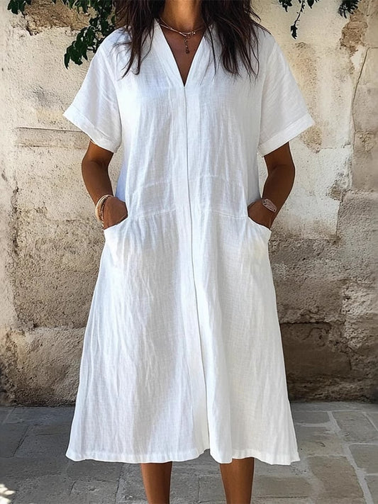 Women'S Casual Spring And Summer Loose V-Neck Solid Color Cotton And Linen Dress