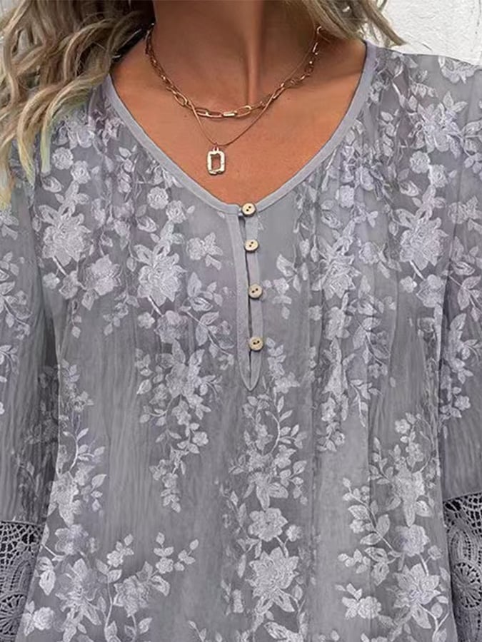 Women's Casual Lace Print Button Top
