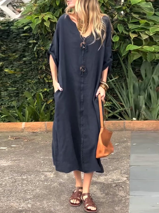 Women's Casual Loose Button Decoration Slant Pocket Cotton and Linen Dress