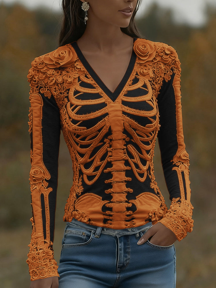Women's Halloween Skeleton Bones With Roses Art Casual Long Sleeve V Neck T-shirt