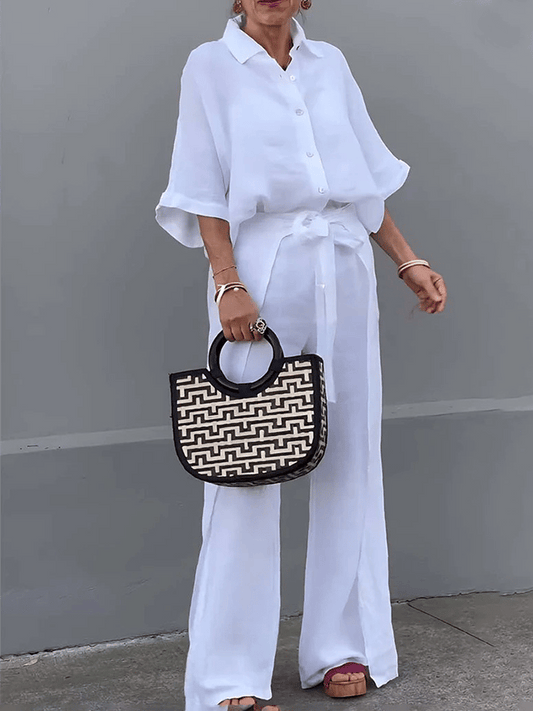 Women'S Casual Single-Breasted Shirt + Characteristic Strappy Wide-Leg Pants Suit
