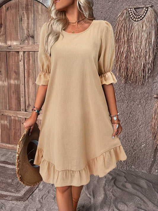 Women's Vintage Solid Color Cotton and Linen Mid Sleeve Round Neck Dress