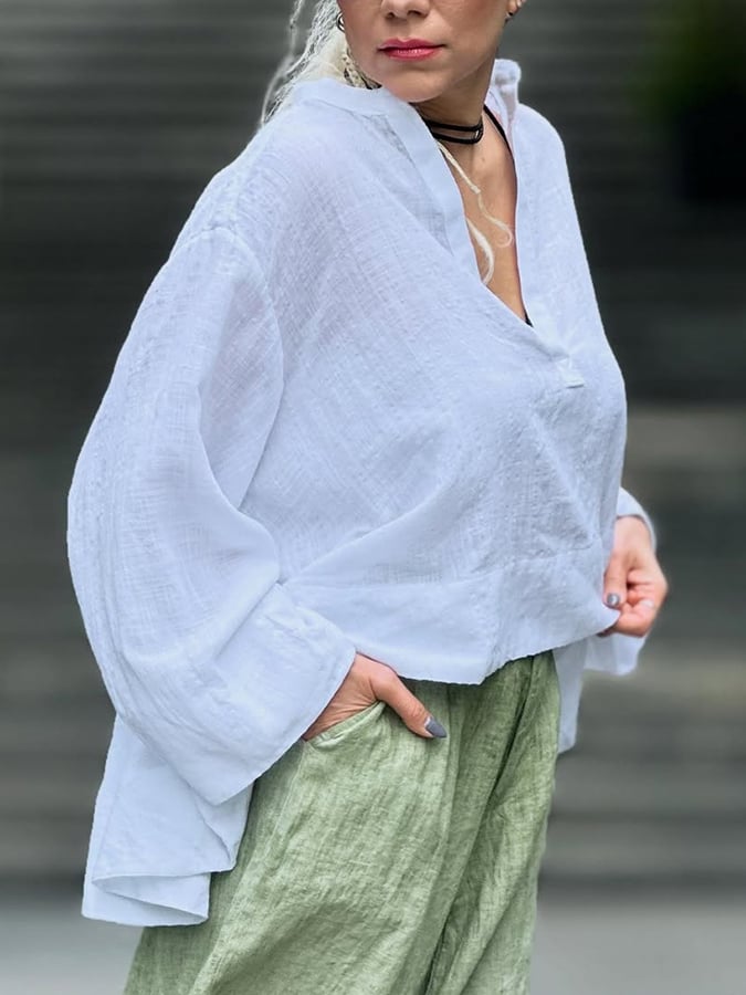 Women's Casual Solid Color V-Neck Long Sleeve Loose Top Cropped Shorts Set