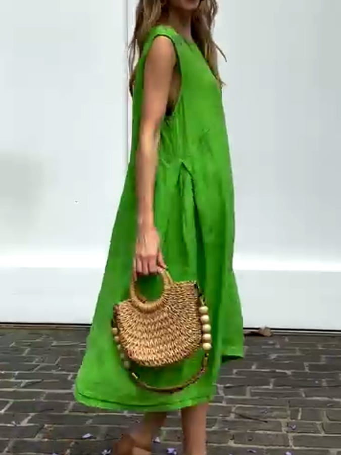 Women'S Casual Solid Color Sleeveless Cotton And Linen Dress
