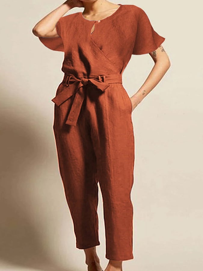 Women's Commuter Belt Cotton and Linen Jumpsuit