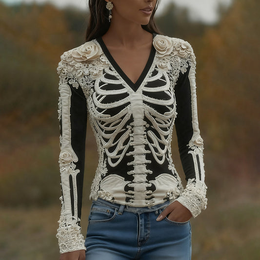 Women's Halloween Skeleton Bones With Roses Art Casual Long Sleeve V Neck T-shirt