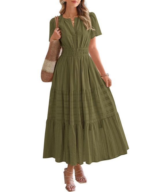 Limited time sale🔥Women's Lightweight Short Sleeve V Neck Elastic Waist Dresses